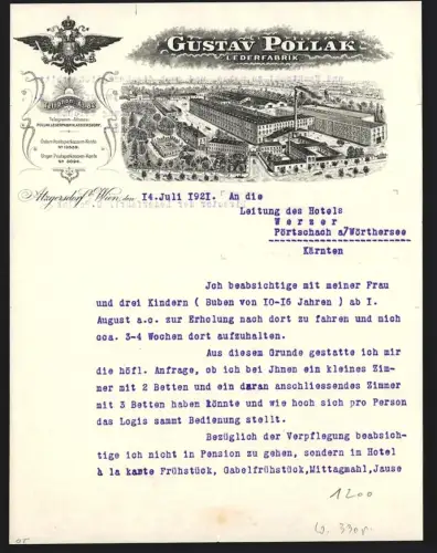 Briefkopf Atzgersdorf b. Wien 1921, Gustav Pollak, Lederfabrik, Blick auf die Fabrik aus der Vogelschau