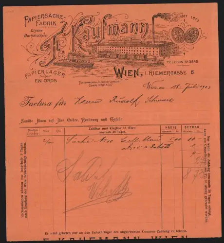 Rechnung Wien 1903, F. Kaufmann, Papiersäcke-Fabrik, Fabrikanlage mit Schornstein und Eisenbahn aus der Vogelschau