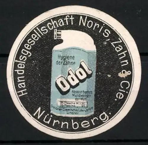 Reklamemarke Nürnberg, Odol Mundwasser, Noris, Zahn & Cie., Flasche