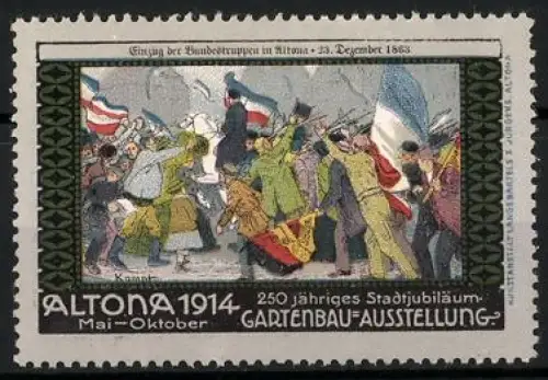 Reklamemarke Altona, 250-jähriges Stadtjubiläum 1914, Gartenbau-Ausstellung mit historischem Motiv von 1863