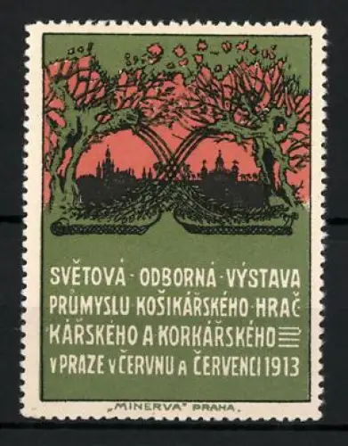 Reklamemarke Prag, Ausstellung Korbwaren- und Korkindustrie 1913, Ortsansicht und Bäume