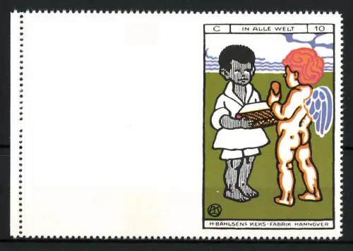 Reklamemarke Hannover, H. Bahlsens Keks-Fabrik, Engel und Kind mit Keksen, Probedruck