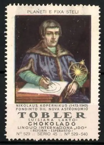 Reklamemarke Tobler Schokolade, Astronom Nikolaus Kopernikus /1473-1543, Esperanto-Sprache