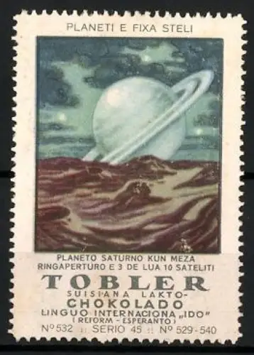 Reklamemarke Tobler Chokolado, Planeto Saturno, Saturn mit Ringen und Monden
