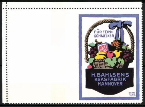 Künstler-Reklamemarke Lucian Bernhard, Hannover, H. Bahlsens Keksfabrik, Obstkorb und Kekse, Probedruck