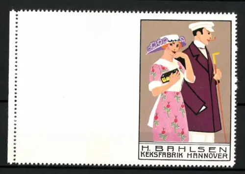 Künstler-Reklamemarke Mela Köhler, Hannover, H. Bahlsen Keksfabrik, Paar mit Keksschachtel, Probedruck