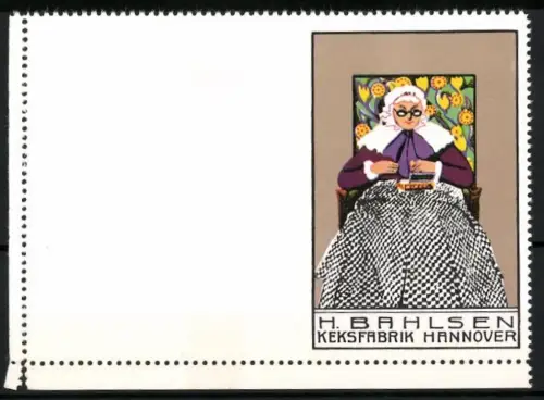 Künstler-Reklamemarke Mela Köhler, Hannover, H. Bahlsen Keksfabrik, Frau mit Keksen, Probedruck