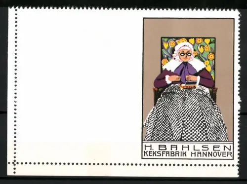Künstler-Reklamemarke Mela Köhler, Hannover, H. Bahlsen Keksfabrik, ältere Dame mit Keksen, Probedruck