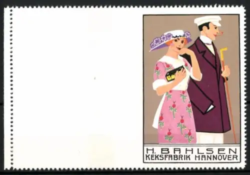 Künstler-Reklamemarke Mela Köhler, Hannover, H. Bahlsen Keksfabrik, Paar mit Keksschachtel, Probedruck