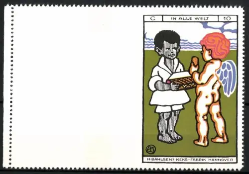 Reklamemarke Hannover, H. Bahlsens Keks-Fabrik, Engel mit Keksen, Probedruck