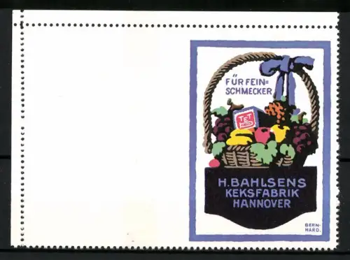 Künstler-Reklamemarke Lucian Bernhard, Hannover, H. Bahlsens Keksfabrik, Obstkorb, Probedruck