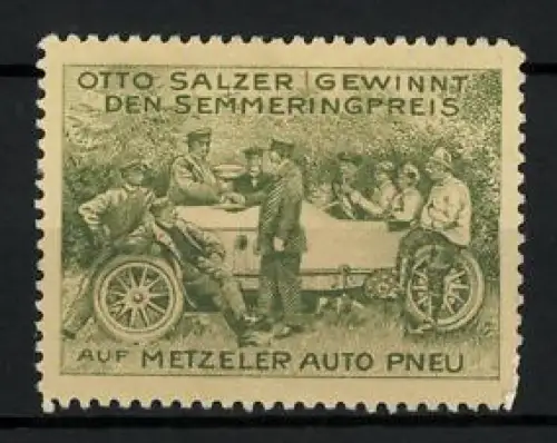 Reklamemarke Metzeler Auto Pneu, Otto Salzer gewinnt Semmeringpreis im Mercedes Rennwagen