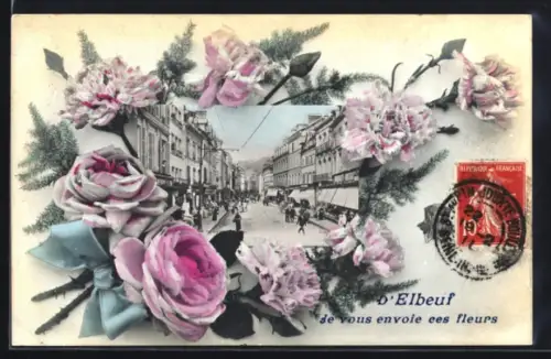 AK Elbeuf, Rue animée avec fleurs décoratives