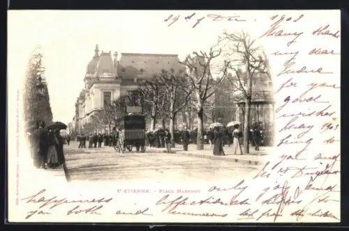 AK Saint-Étienne, Place Marengo animée avec passants et arbres alignés