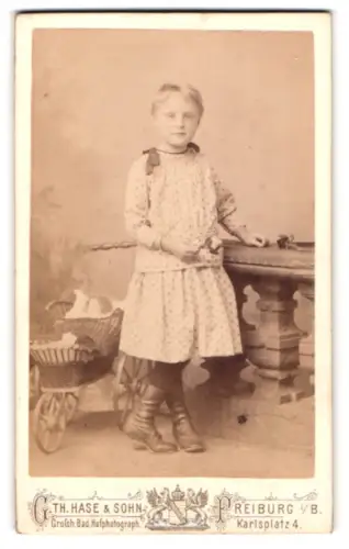Fotografie G. Th. Hase & Sohn, Freiburg i. B., Karlsplatz 4, Stehendes Kind mit Puppenwagen und Blume