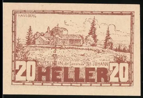 Notgeld St. Johann am Wimberg 1920, 20 Heller, Hansberg-Landschaft mit Gebäuden und Bäumen