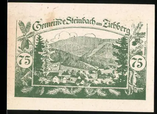 Notgeld Steinbach am Ziehberg 1920, 75 Heller, Ortsansicht mit Bergen und Tannenbäumen