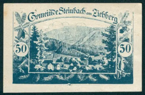 Notgeld Steinbach am Ziehberg, 50 Heller, Ortsansicht mit Berglandschaft und Kiefernzweigen