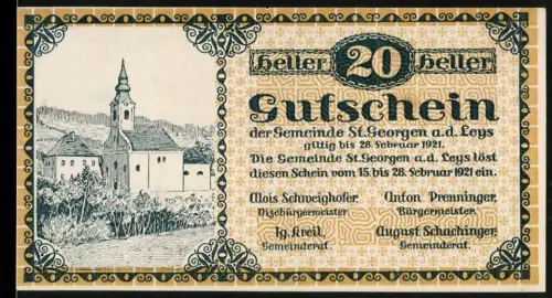 Notgeld St. Georgen a. d. Leys 1921, 20 Heller, Kirche und Ortsansicht