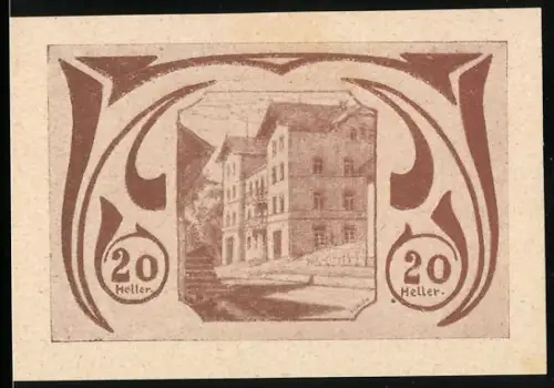 Notgeld Schardenberg 1920, 20 Heller, Gebäudeansicht mit dekorativem Rahmen