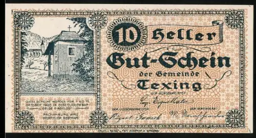 Notgeld Texing 1920, 10 Heller, Kapelle in ländlicher Landschaft