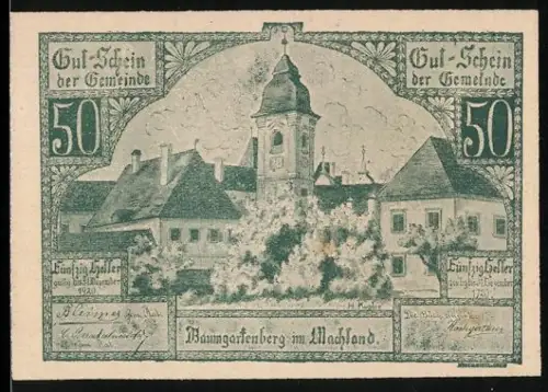 Notgeld Baumgartenberg im Machland 1921, 50 Heller, Ortsansicht mit Kirchturm und Gebäuden