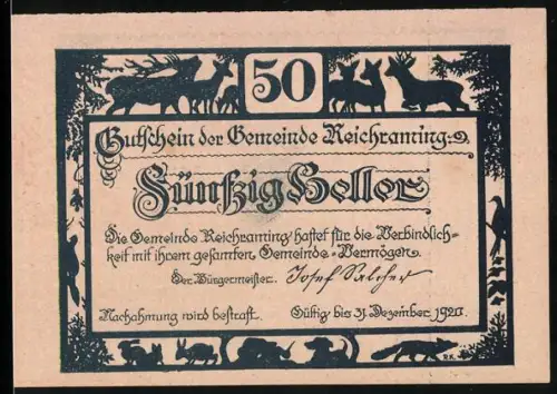 Notgeld Reichraming, 1921, 50 Heller, Waldszene mit Wildtieren und tausendjährige Eiche am Arzberg