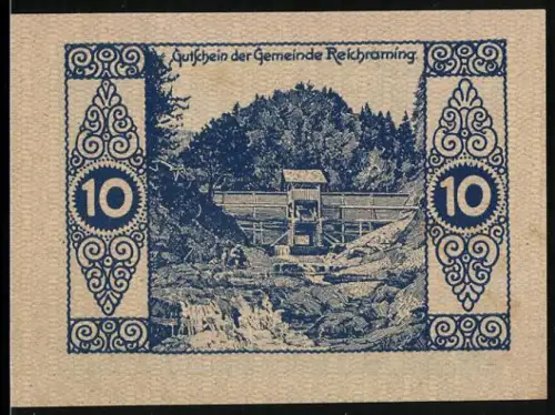 Notgeld Reichraming 1920, 10 Heller, Landschaft mit Staudamm und Waldszene mit Hirschen und Wild
