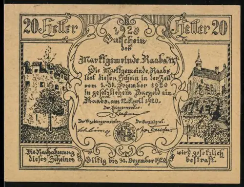 Notgeld Raabs a. Thaya 1920, 20 Heller, Burgruine und Kirche mit Eichenlaubornamenten