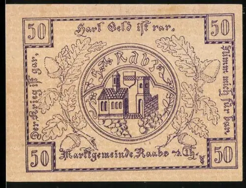 Notgeld Raabs a.d. Thaya 1920, 50 Heller, Burg und Ortsansicht mit Wappen und Eichenlaubdekor