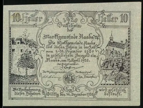 Notgeld Raabs a.d. Thaya 1920, 10 Heller, Burgruine und Gebäude mit Eichenlaubornamenten