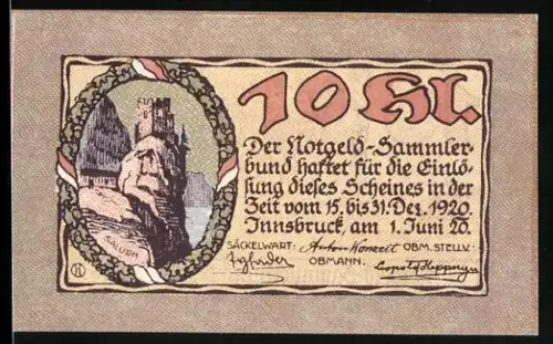 Notgeld Innsbruck 1920, 10 Heller, Adlerwappen und Berglandschaft