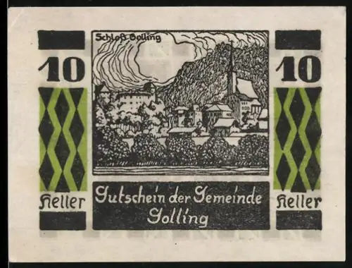 Notgeld Golling, 10 Heller, Schloss Golling und ländliche Szene mit Scheune und Kühen