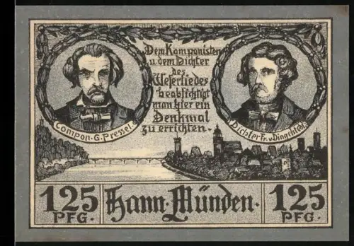 Notgeld Hann. Münden, 125 Pfennig, Komponist G. Pressel und Dichter Fr. v. Dingelstedt, Flusslandschaft, Notenzeile