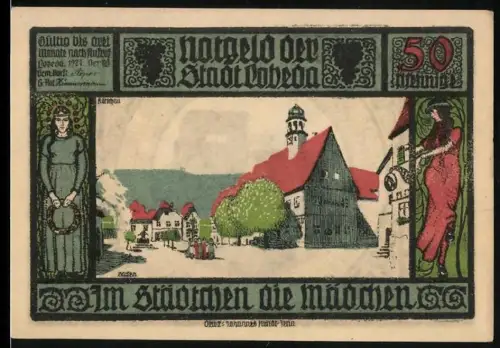 Notgeld Lobeda 1921, 50 Pfennig, Ortsansicht und Burgruine mit Rittern und Wappen