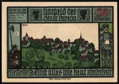 Notgeld Lobeda 1921, 50 Pfennig, Ortsansicht und Burgruine mit Wappen und Ritter