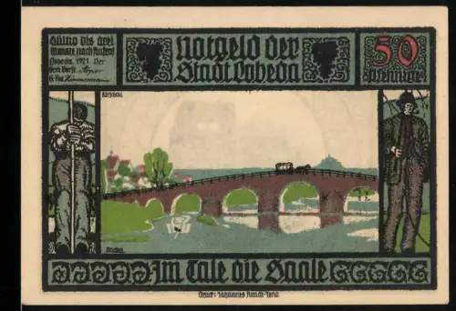 Notgeld Lobeda 1921, 50 Pfennig, Brücke über die Saale und Burgruine im Wald