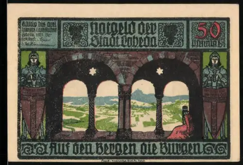 Notgeld Lobeda 1921, 50 Pfennig, Burgenlandschaft und Ritter mit Wappen
