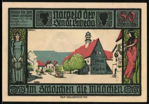 Notgeld Lobeda 1921, 50 Pfennig, Ortsansicht und Ruine mit Ritter