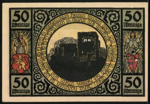 Notgeld Lobeda 1921, 50 Pfennig, Ortsansicht und Ruine mit Ritter