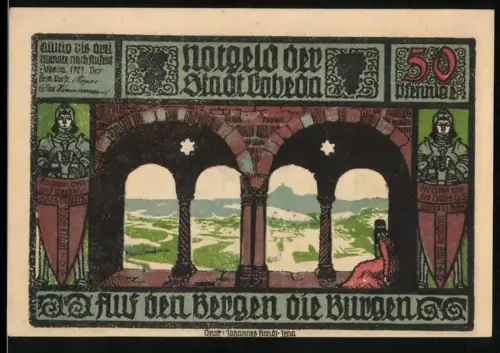 Notgeld Lobeda 1921, 50 Pfennig, Burgruine und Ritter mit Wappen