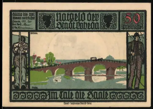 Notgeld Lobeda 1921, 50 Pfennig, Brücke im Saaletal und Burgruine mit Rittern und Wappen