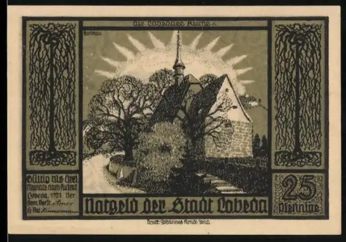 Notgeld Lobeda 1921, 25 Pfennig, Lobedaer Kirche vor Sonnenaufgang