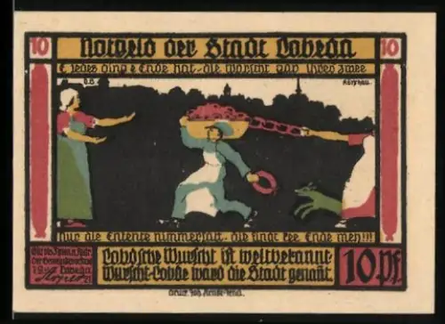 Notgeld Lobeda 1921, 10 Pfennig, historische Szene und Burgruine mit Rittern und Wappen