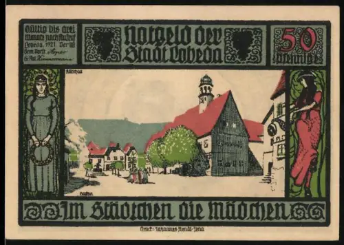 Notgeld Lobeda 1921, 50 Pfennig, Ortsansicht und Ruine mit Rittern und Frauen