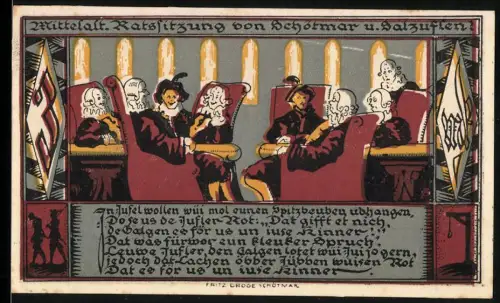Notgeld Schötmar 1921, 3 Mark, mittelalterliche Ratssitzung mit Wappen und Blumenmotiven