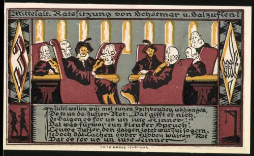 Notgeld Schötmar 1921, 3 Mark, Ratsversammlung im Mittelalter, Blume und Rose