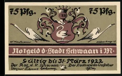 Notgeld Schwaan i. M. 1922, 75 Pfennig, Wappen mit Schwan, Frau im Wald mit Apfel