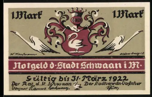 Notgeld Schwaan i. M. 1922, 1 Mark, Wappen mit Schwan und Gebäudeillustration