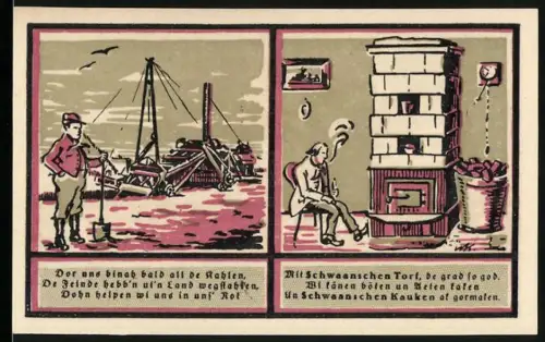 Notgeld Schwaan i. M. 1922, 25 Pfennig, Bauarbeiten und Mann am Ofen, Stadtwappen mit Schwänen